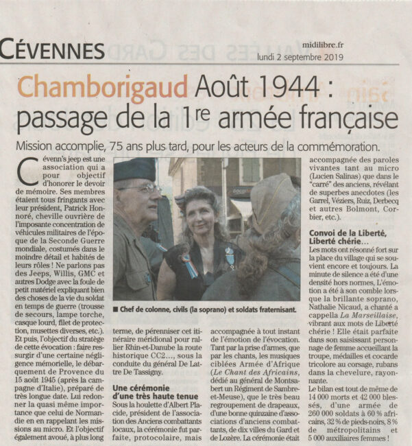 2 septembre 2019. Commémoration de Chamborigaud (Midi Libre 02/09/19)