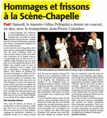 12 décembre 2015. Pont-Saint-Esprit à la Scène-Chapelle des Pénitents Musique sacréé et hommages aux poilus avec en invité vedette le trompettiste Gilles Pelegrini.