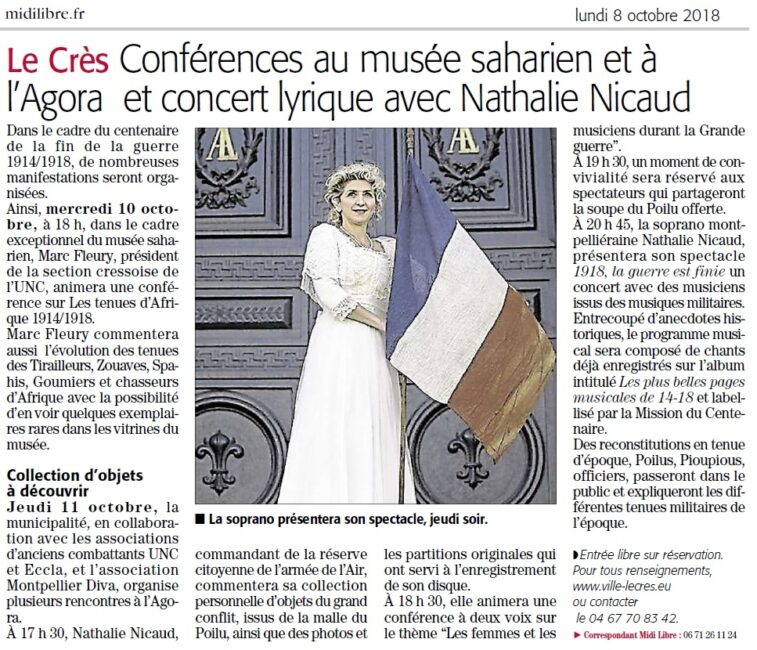 10 octobre 2018. Le Crès conférences au musée saharien et à l’Agora et concert lyrique avec Nathalie Nicaud (Midi Libre)