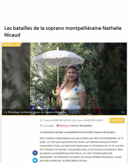 4 aout 2020. Les batailles de la soprano montpelliéraine Nathalie Nicaud (Midi-Libre)