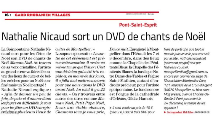 Nathalie Nicaud sort un DVD de chants de Noël (Midi-Libre Gard Rhodanien – Pont-Saint-Esprit)