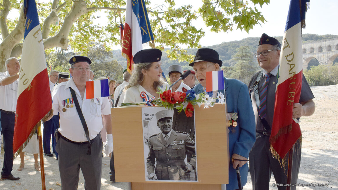 29 août 2019. Remoulins, Pont du Gard, 10h, Cérémonie de la Route de la Liberté du Maréchal de Lattre de Tassigny.