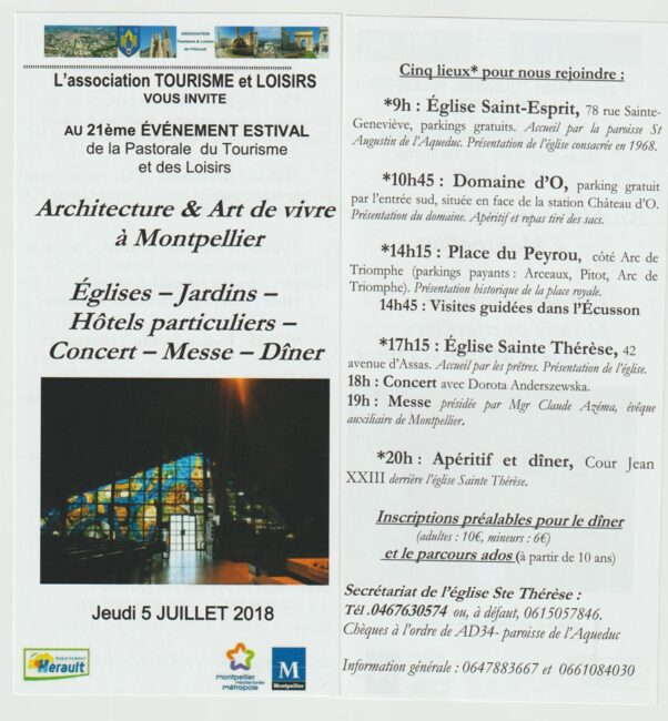 5 juillet 2018. Montpellier, programme de musique sacrée, suivie d’une messe à 18h00 en l’église Sainte-Thérèse, à l’occasion de la journée de la Pastorale du Tourisme. Petit changement d’artiste pour le concert, la super-soliste de l’orchestre de Montpellier, Dorota Anderszewska a demandé à Nathalie de la remplacer pour ce concert puisqu’elle est en déplacement en Pologne. Nathalie en est très honorée et pour cette heure musicale elle sera accompagnée à l’orgue par Hélène Bonnel, elles préparent toutes deux, un très beau programme spirituel…