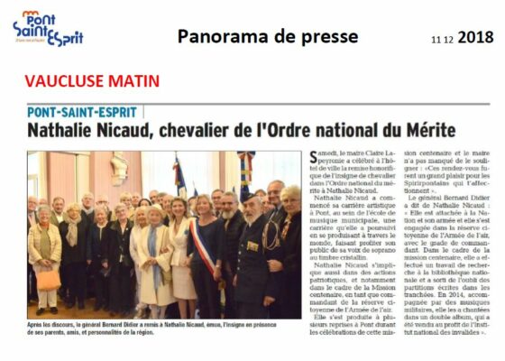 11 décembre 2018. Cérémonie de remise des insignes de chevalier de l’ordre national du mérite, à l’Hôtel de Ville de Pont-Saint-Esprit (Vaucluse Matin)