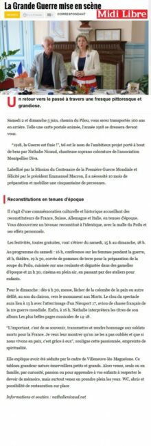 29 mai 2018. Villeneuve-les-Maguelone, Samedi 2 et dimanche 3 juin, chemin du Pilou, vous serez transportés 100 ans en arrière. Telle une carte postale animée, l’année 1918 se dressera devant vous. “1918, la Guerre est finie !”- Nathalie en compagnie de monsieur le Maire de Villeneuve-les-Maguelone Mr Noël SEGURA – Midi Libre « Internet »