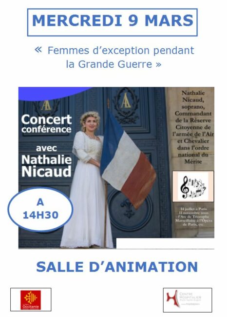 9 mars 2022 Pont-Saint-Esprit (30), Hôpital, Nathalie présente sa conférence-concert sur les Femmes d’exception de la Première Guerre mondiale.