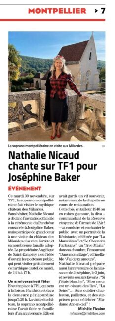 30 novembre 2021 aux Milandes (24), Nathalie chante au château à l’occasion de la Panthéonisation de Joséphine Baker à Paris.