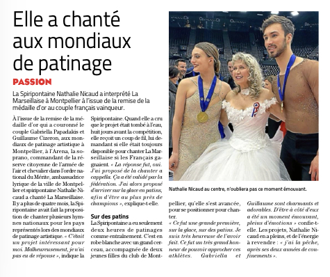 26 Mars 2022 Montpellier (34), ARENA Sud de France, championnat du monde de patinage artistique, Nathalie interprète sur la glace La Marseillaise puis elle sera entourée du couple sacrés champions du monde Gabriella Papadakis et Guillaume Cizeron. (Midi-Libre)