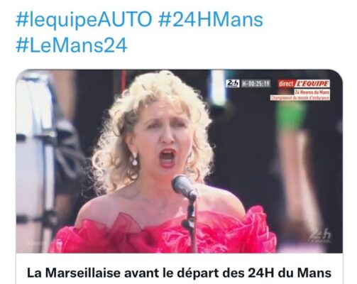 11 juin 2022. Le Mans (72), Nathalie interprète « notre » belle Marseillaise pour le départ des 24 heures du Mans ! Une émotion intense partagée auprès des cinquante musiciens de l’Orchestre d’Harmonie de la ville du Mans sous la baguette de leur chef Philippe Launay