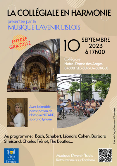 Dimanche 10 septembre 2023. Isle-sur-La-Sorgues (84), Collégiale Notre Dame des Anges, Nathalie sera en concert avec la musique de l’harmonie Lislois