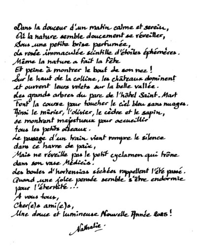 Mercredi 1er janvier 2025. Chamalières (15) Les vœux de Nathalie en poésie…